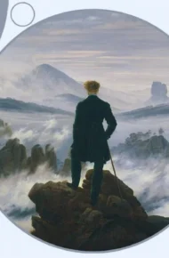Immagine estratta dalla locandina con al centro immagine Il viandante sul mare di nebbia